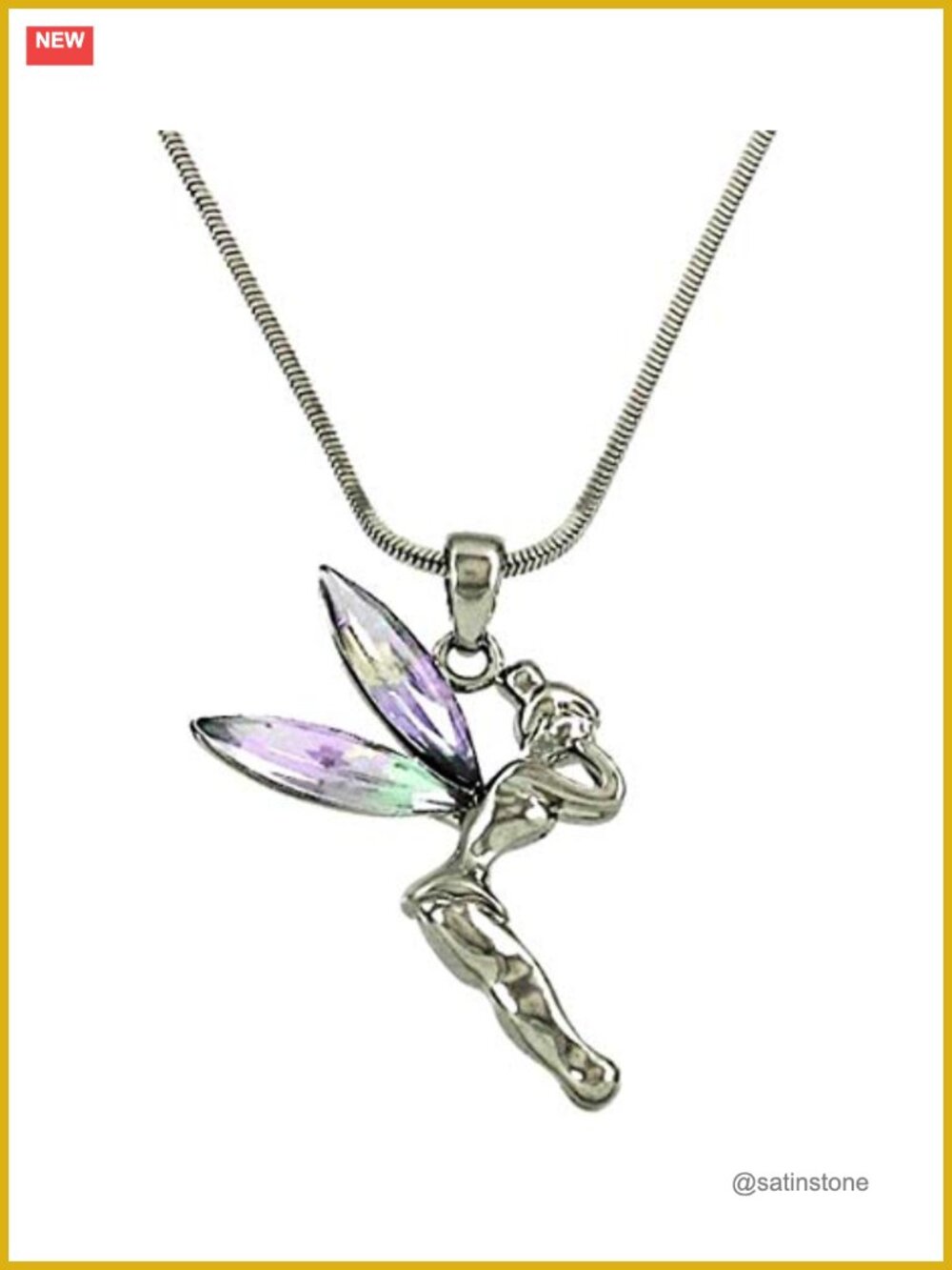 Tinkerbell Fairy Pendant Necklace Silvertone AB Crystal Wings 18" Snake Chain